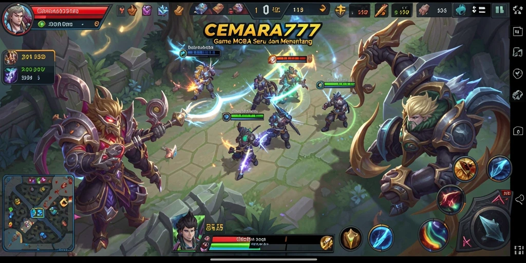Screenshot CEMARA777 menampilkan aksi gameplay MOBA yang intens.