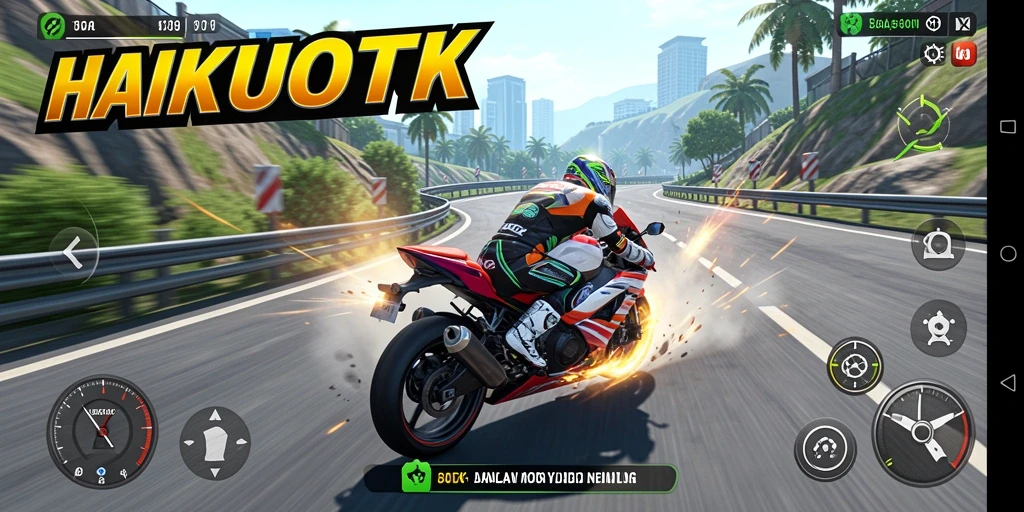 Tampilan gameplay HAIKUOTK yang penuh aksi saat balapan motor.