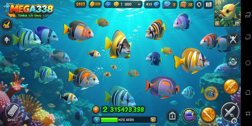 Tampilan gameplay seru dalam MEGA338 saat menembak ikan.
